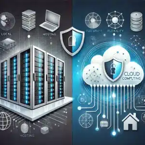 Eine professionelle Grafik zeigt den Vergleich zwischen lokalem Hosting und Cloud-Computing für Unternehmen. Links ist ein eleganter Serverraum mit ordentlich aufgereihten Server-Racks, Kabeln und einem Sicherheitssymbol (Schloss) dargestellt, was die Kontrolle und Sicherheit eines lokalen Servers repräsentiert. Rechts ist eine dynamische Wolke mit Datenflüssen und Symbolen, die Skalierbarkeit, Flexibilität und globale Verbindungen darstellen. In der Mitte verbindet ein Bürogebäude-Symbol die beiden Konzepte und symbolisiert die Entscheidung, die Unternehmen treffen müssen. Das Design ist klar, modern und mit scharfen Linien gestaltet.