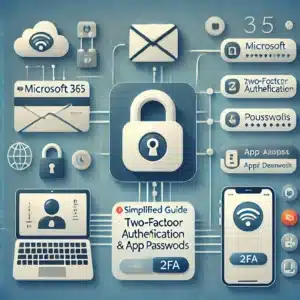 App Kennwort Microsoft 365 - Eine anschauliche Darstellung der Einrichtung von Zwei-Faktor-Authentifizierung (2FA) und App-Kennwörtern in Microsoft 365. Das Bild zeigt ein Login-Symbol, ein Sicherheitsschloss und Symbole für Apps und Geräte, die die Sicherheit und Multi-Geräte-Authentifizierung in einem modernen, benutzerfreundlichen Design verdeutlichen.