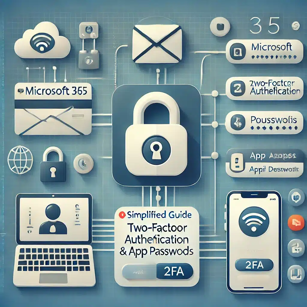 Eine anschauliche Darstellung der Einrichtung von Zwei-Faktor-Authentifizierung (2FA) und App-Kennwörtern in Microsoft 365. Das Bild zeigt ein Login-Symbol, ein Sicherheitsschloss und Symbole für Apps und Geräte, die die Sicherheit und Multi-Geräte-Authentifizierung in einem modernen, benutzerfreundlichen Design verdeutlichen.