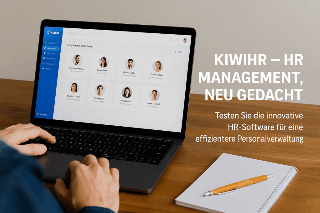 KiwiHR Personalmanagement Das Bild zeigt eine Person, die auf einem Laptop die HR-Software KiwiHR bedient. Auf dem Bildschirm ist das Mitarbeiterverzeichnis sichtbar. Daneben liegen ein Notizblock und ein Stift, was eine produktive Arbeitsatmosphäre in einem modernen Büro vermittelt. Die Botschaft: effizientes, digitales HR-Management mit KiwiHR.