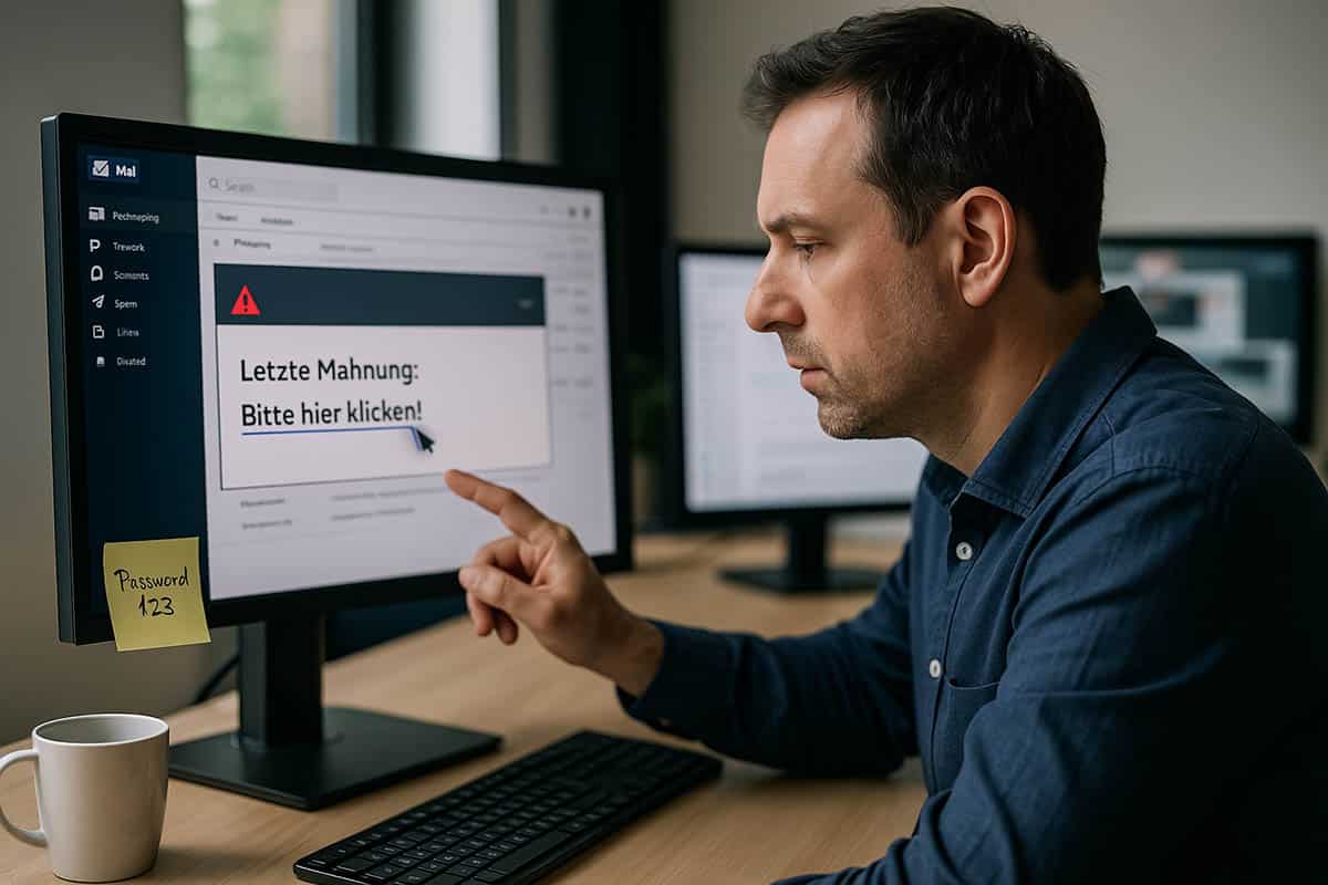 IT-Sicherheitsrisiko - Ein Mann mittleren Alters sitzt an einem Schreibtisch in einem modernen Büro und klickt fast auf einen Phishing-Link in einer täuschend echten E-Mail mit dem Betreff ‚Letzte Mahnung: Bitte hier klicken!‘. Auf seinem Monitor klebt ein Post-it mit dem Passwort ‚123‘. Die Szene symbolisiert typische menschliche Sicherheitsfehler im Arbeitsalltag - IT-Sicherheit
