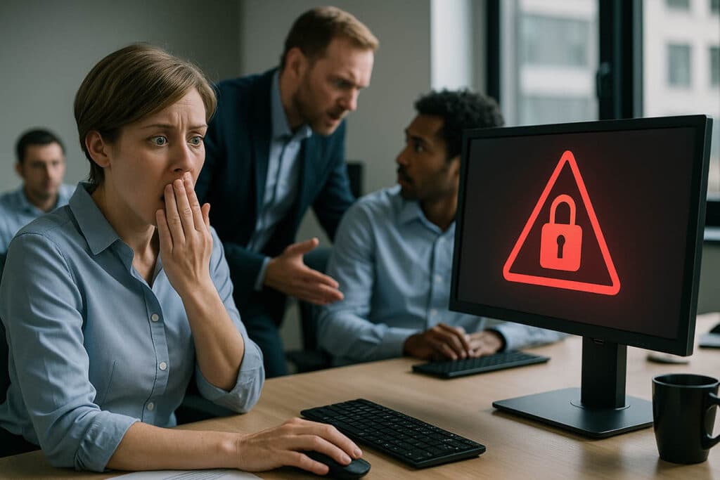 Eine erschrockene Büroangestellte sitzt vor einem Bildschirm, der ein rotes Warnsymbol mit Vorhängeschloss zeigt. Im Hintergrund diskutieren mehrere Kollegen besorgt über den Vorfall. Die Szene stellt eine reale IT-Sicherheitskrise durch menschliches Fehlverhalten im Unternehmen dar
