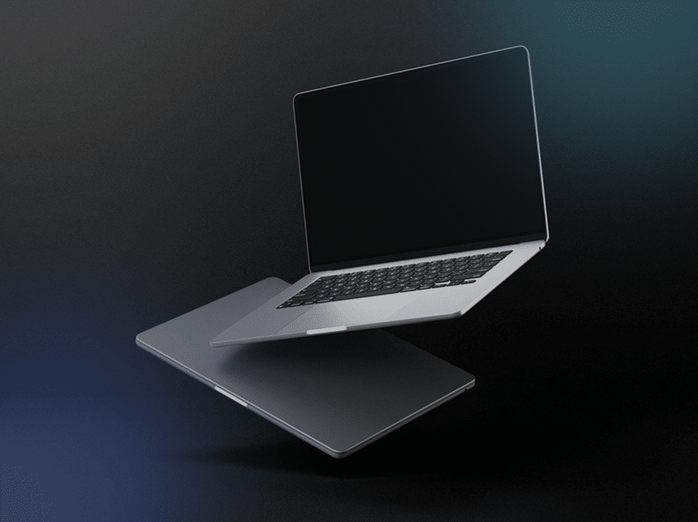 Schwebender Laptop auf schwarzem Hintergrund