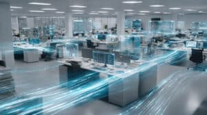 Professionelle Visualisierung über Generative KI im Unternehmen mit Mitarbeitenden, die gemeinsam mit digitalen KI Assistenten arbeiten, dargestellt durch holografische Datenstrukturen in einer modernen Büroumgebung.