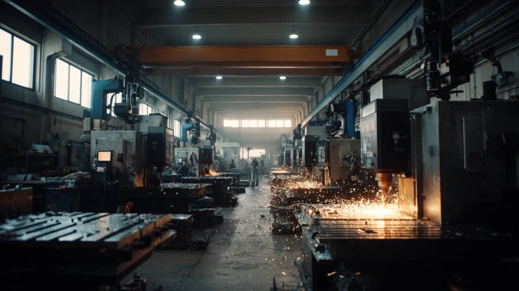 Werkshalle mit CNC-Maschinen und Mitarbeitenden während der Metallbearbeitung.