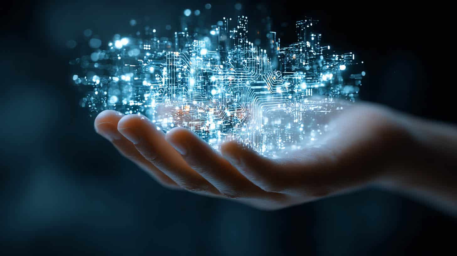 Abbildung einer digitalen IT-Infrastruktur als holografisches Netzwerk, das in sichere Hände übergeht – Symbol für Managed Services und Entlastung der IT-Abteilung.