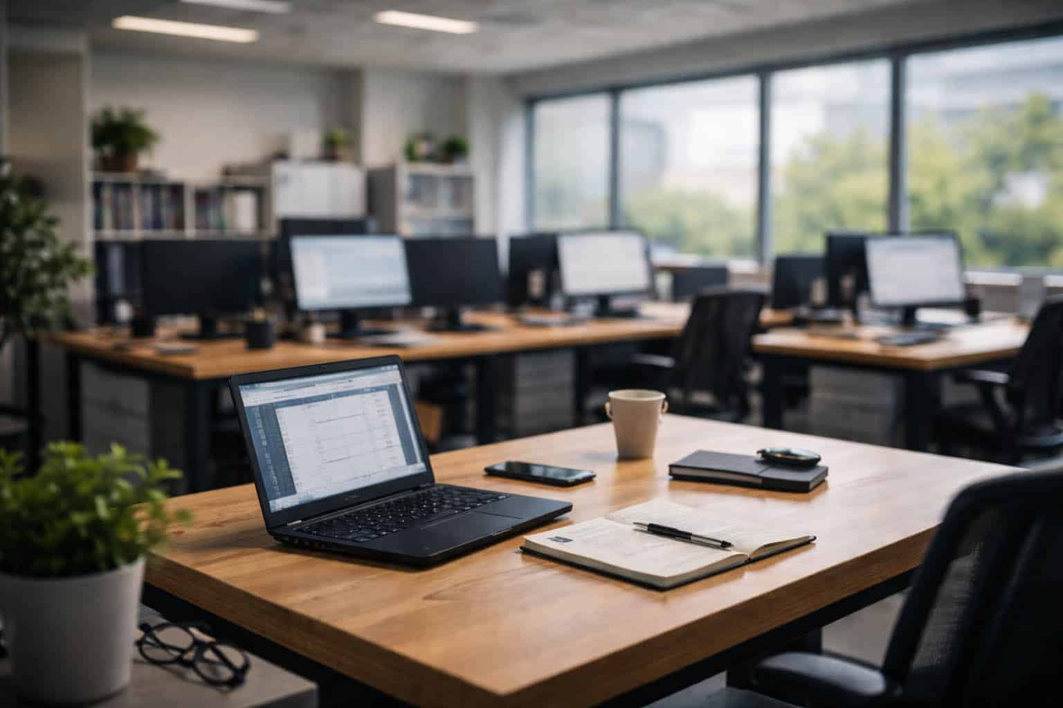 {{IMAGE_1_TITLE}} Arbeitsplatz im Mittelstand mit stabiler IT im Hintergrund für effizientes Arbeiten