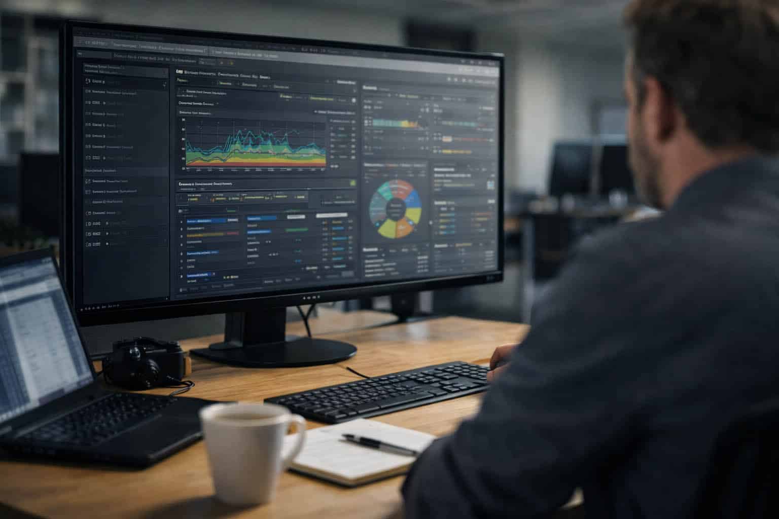 Büroarbeitsplatz mit Server-Dashboard Monitoring einer virtualisierten IT-Umgebung im Mittelstand mit Fokus auf Auslastung und Transparenz