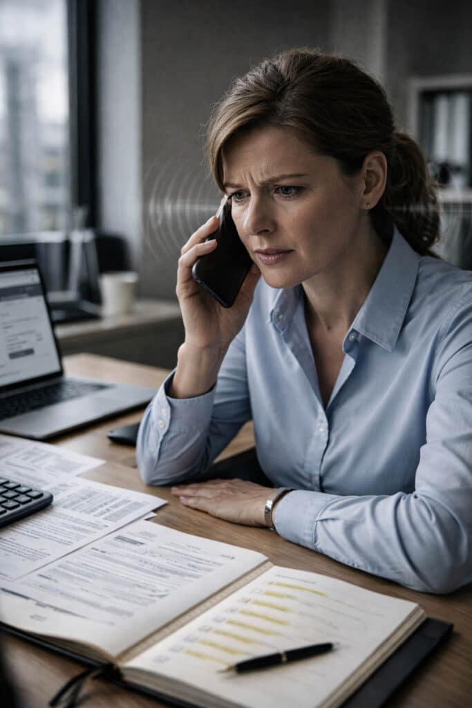 Cyberangriff mit KI - Besorgte Geschäftsfrau am Telefon