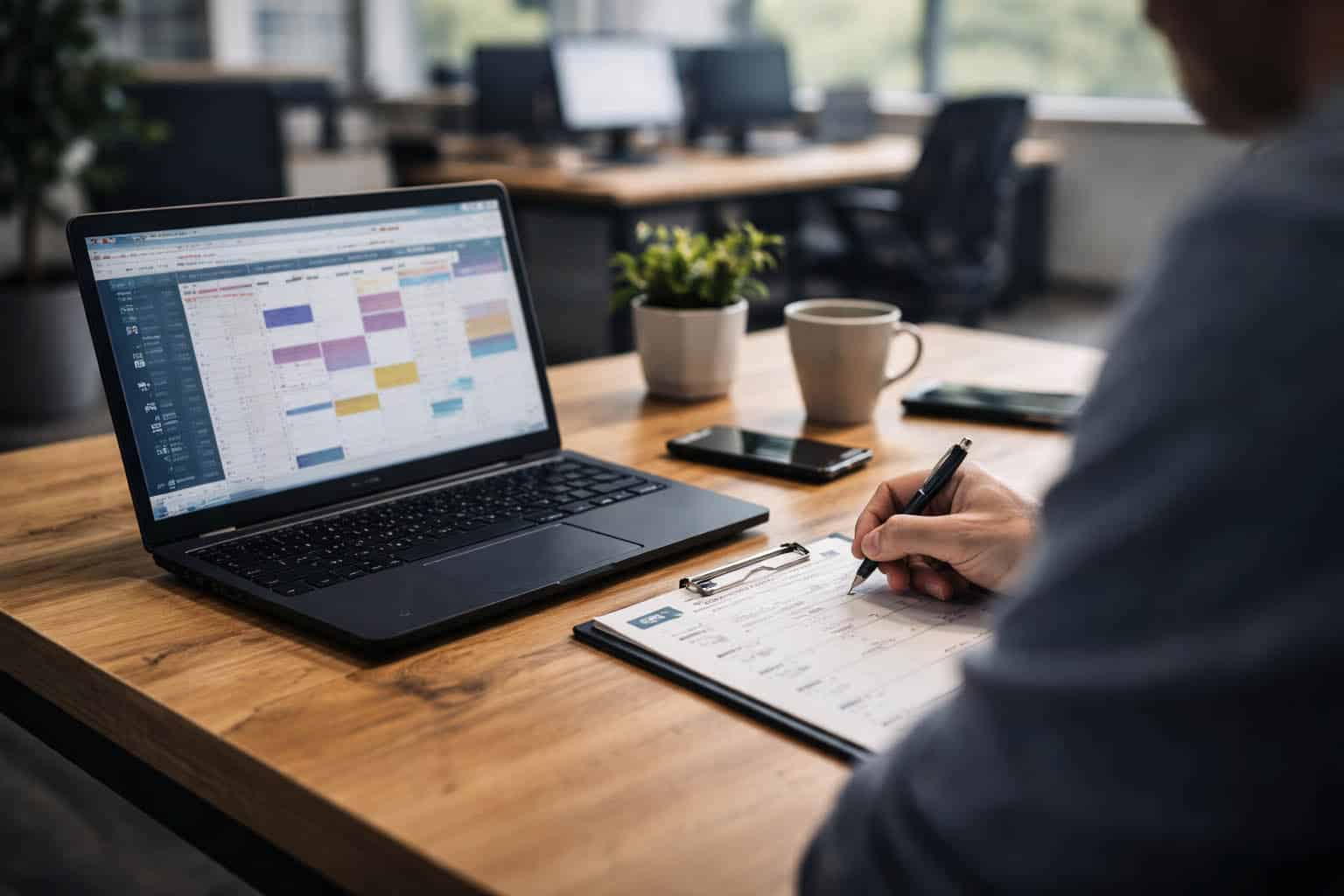 Büroarbeitsplatz mit Server-Dashboard IT-Planung im Mittelstand mit Fokus auf Abschaltfenster, Lifecycle und effiziente Infrastruktur