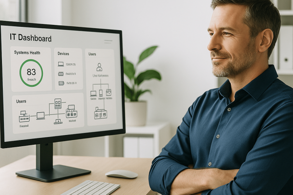 Geschäftsmann betrachtet ein strukturiertes IT-Dashboard mit vernetzten Systemen und Sicherheitsstatus – Symbol für digitale Kontrolle und Wachstum.